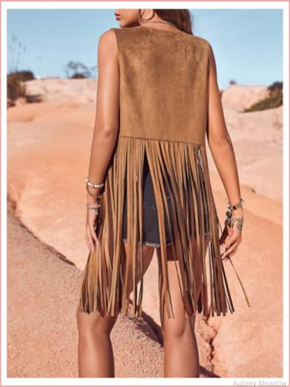 70s Hippie Faux Suede Fringe Vest Sleeveless Tassel Jacket Cardigan - Picture 2 of 6